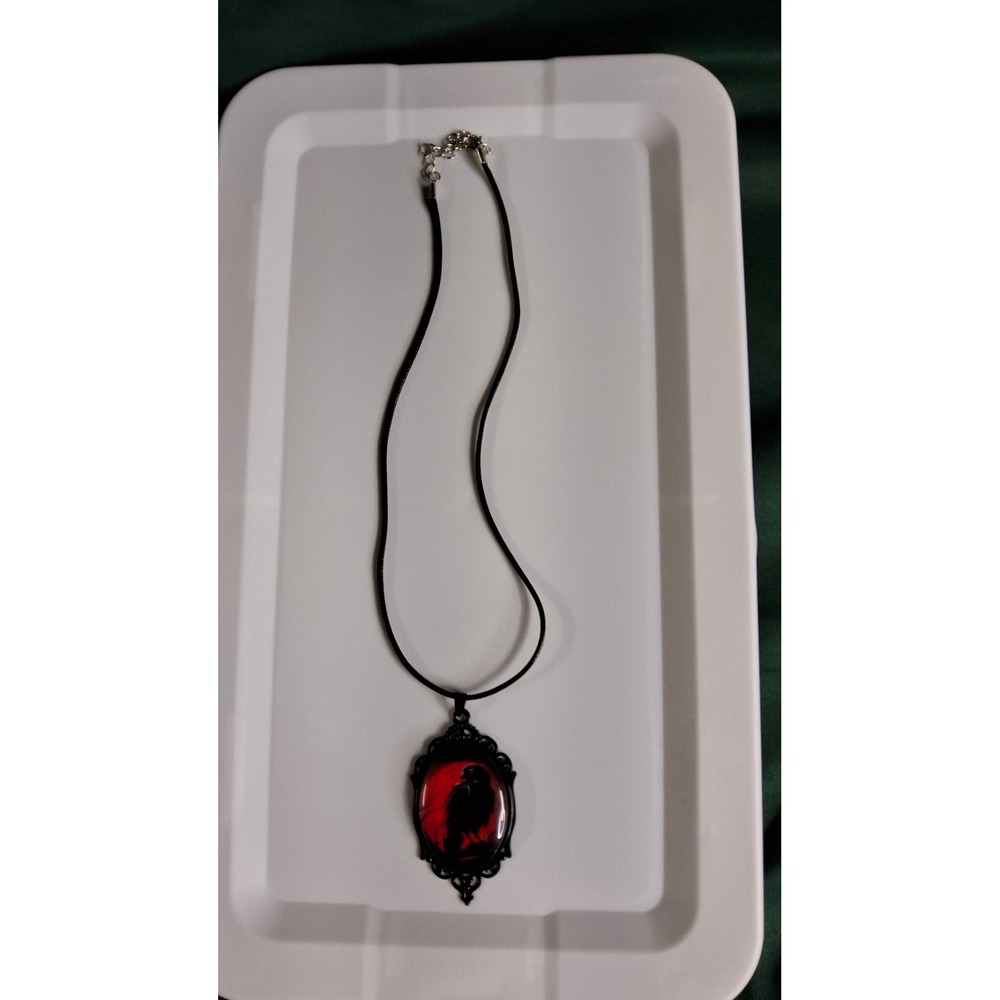 Gothic Raven Cameo Necklace Black Crow Red Background Filigree Pendant Cord